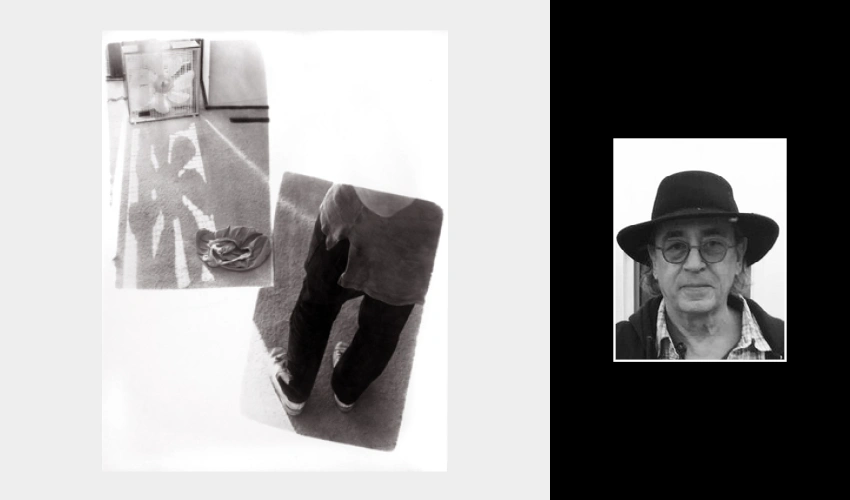 diptych of artist portrait on the right of a man wearing a dark brimmed hat on a black background and on the left on a gray background a print of two exposures side by side and offset one on top of the other everyday scenes of a carpeted floor and a photo of a person's clothed legs and shoes